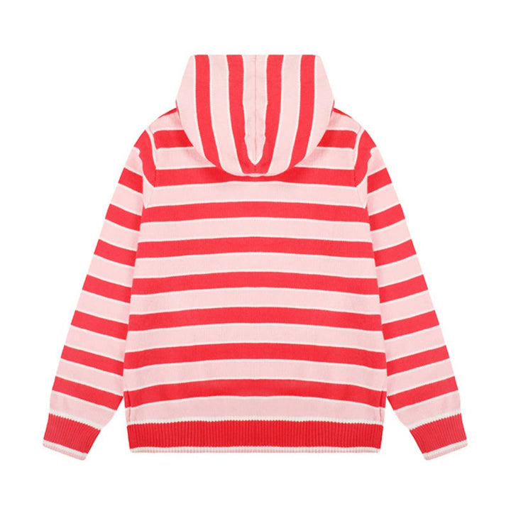 Women's hooded cardigan with full zip, striped texture, and Mune Fashion embroidery detail
