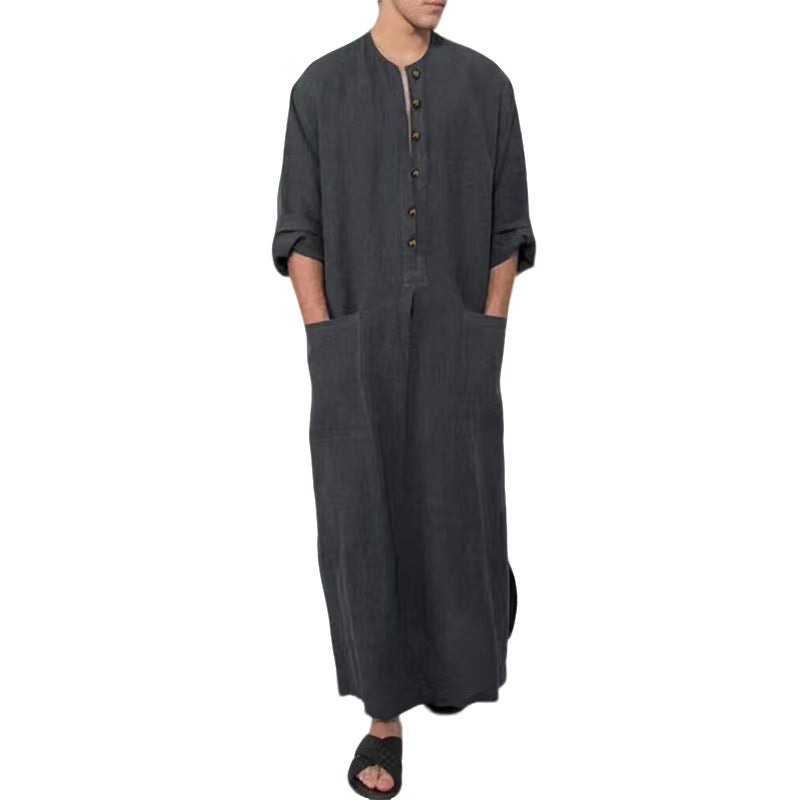 Men's wide long tunic-kaftan made of breathable linen with stand-up collar, button placket, and patch pockets Mune Fashion