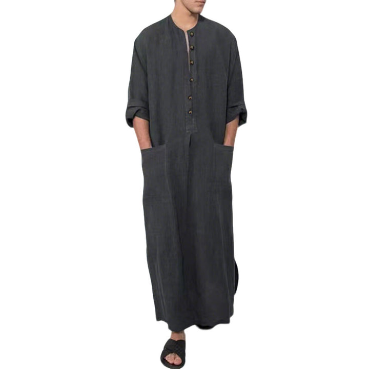 Men's wide long tunic-kaftan made of breathable linen with stand-up collar, button placket, and patch pockets Mune Fashion