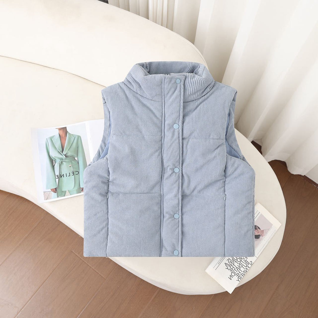 Ladies nan short corduroy look insulation vest with high stand-up collar and snap button placket Mune Fashion