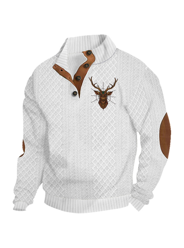 Men's nan Heritage textured pullover with stand-up collar faux leather trim elbow patches and half-button placket Mune Fashion