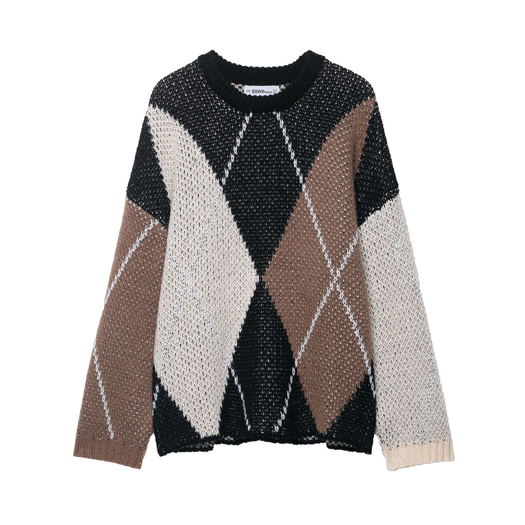 Women Chunky Knit Argyle Sweater with Round Neckline and Oversized Silhouette Mune Fashion