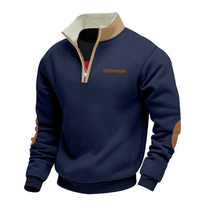 Men's half-zip troyer with teddy fleece collar and leather elbow patches Mune Fashion