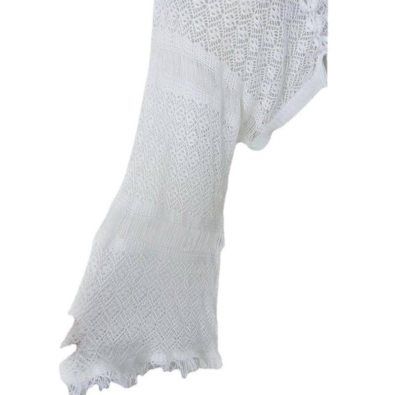Women's Crochet Beach Top with Fringes and Deep V-Neck Mune Fashion