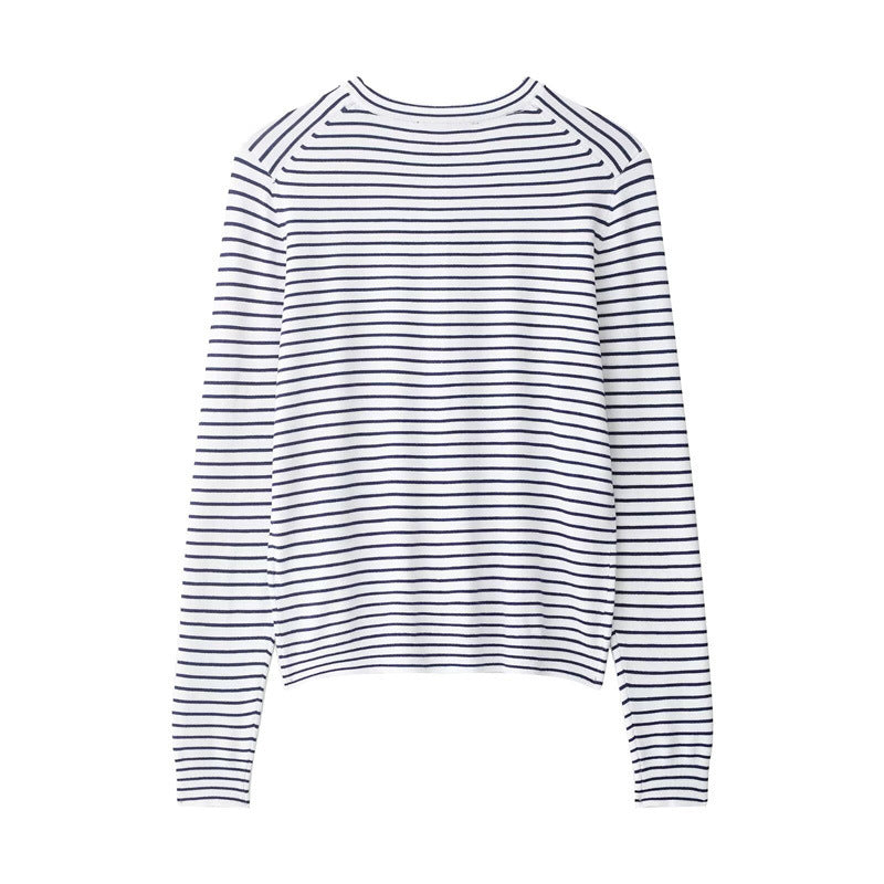 Women's fine knit cardigan with nautical striped pattern, round neckline and mother-of-pearl button placket Mune Fashion