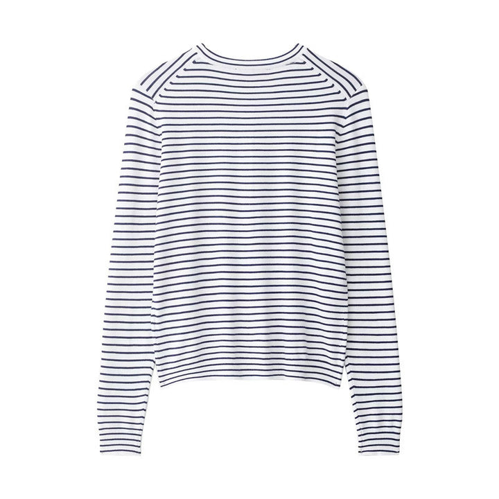 Women's fine knit cardigan with nautical striped pattern, round neckline and mother-of-pearl button placket Mune Fashion