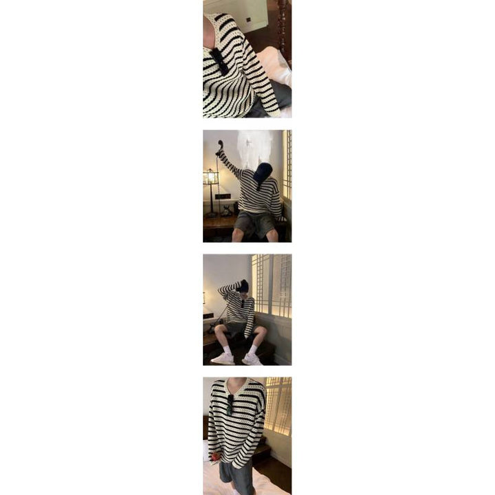 Unisex Thick Knitted Oversized Ajour Sweater with Striped Pattern and V-Neck Mune Fashion