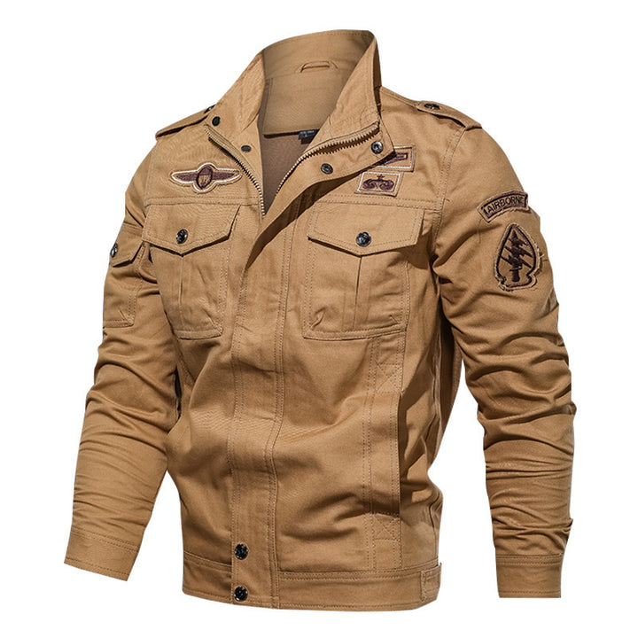Men's nan canvas pilot jacket with shoulder patches, flap pockets, and reinforced front section Mune Fashion