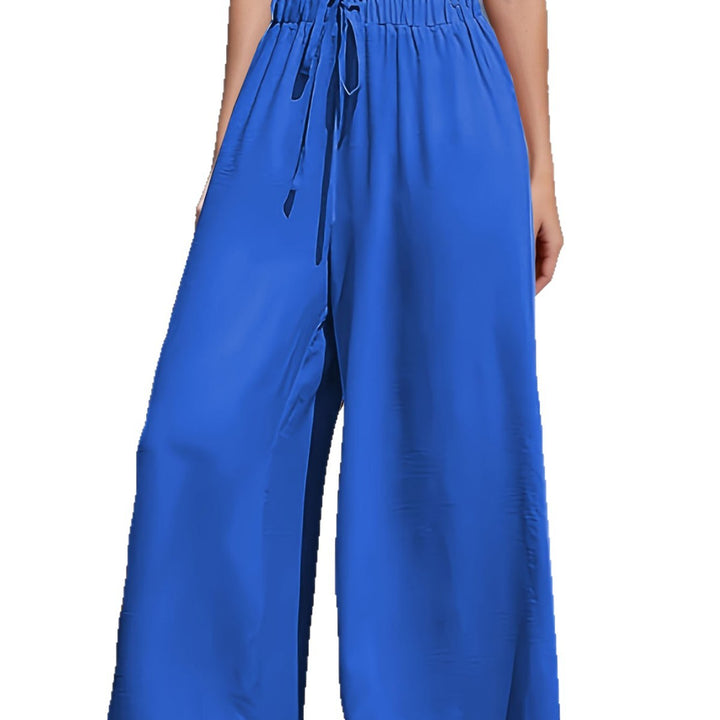 Women's wide Palazzo pants with high paperbag waistband, elastic drawstring, and front leg slit Mune Fashion