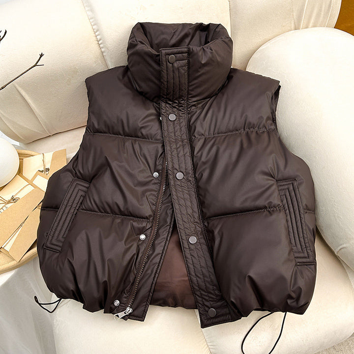 Women Quilted Padded Vest with High Collar and Drawstring Mune Fashion