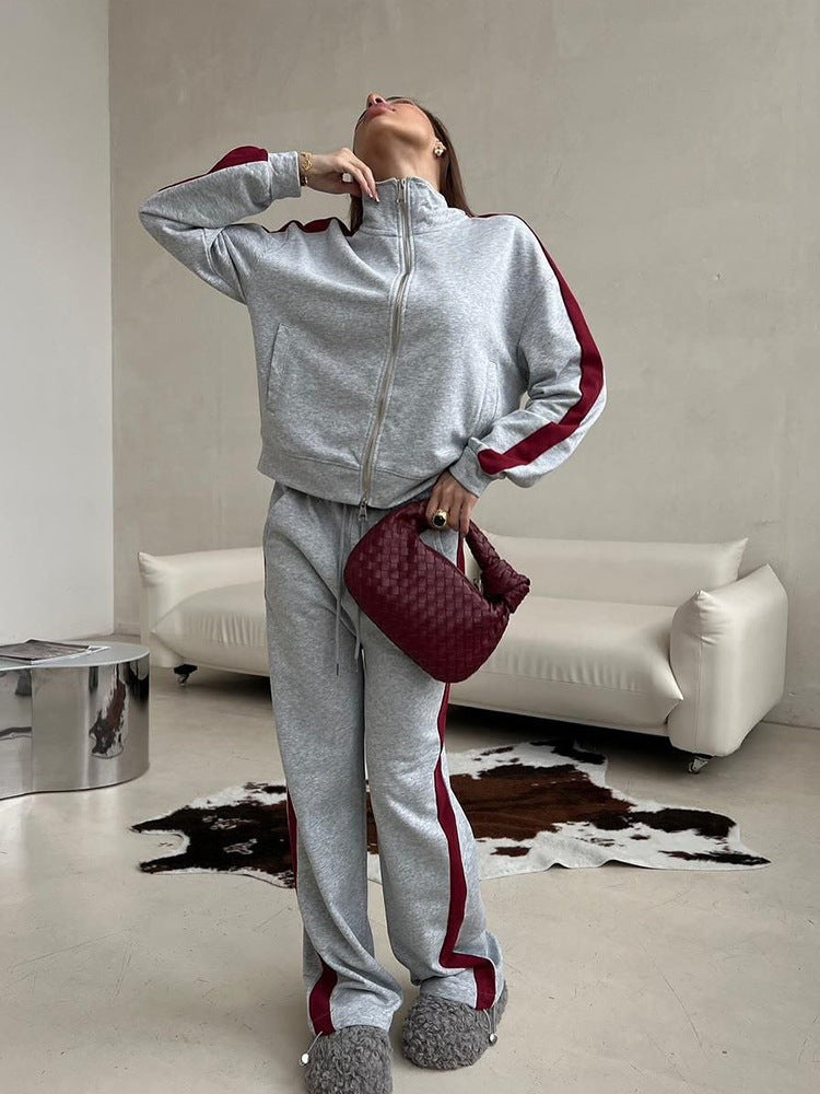 Women's loose zip sweat set with hood, high waistband and side contrast stripe Mune Fashion