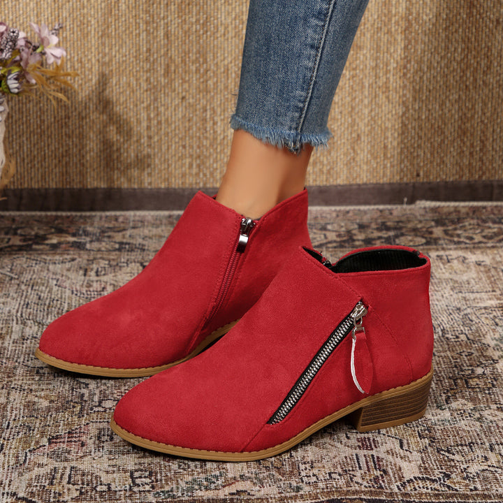 Women's Modern Ankle Boot with Visible Metal Zipper and Low Wood-Look Block Heel Mune Fashion