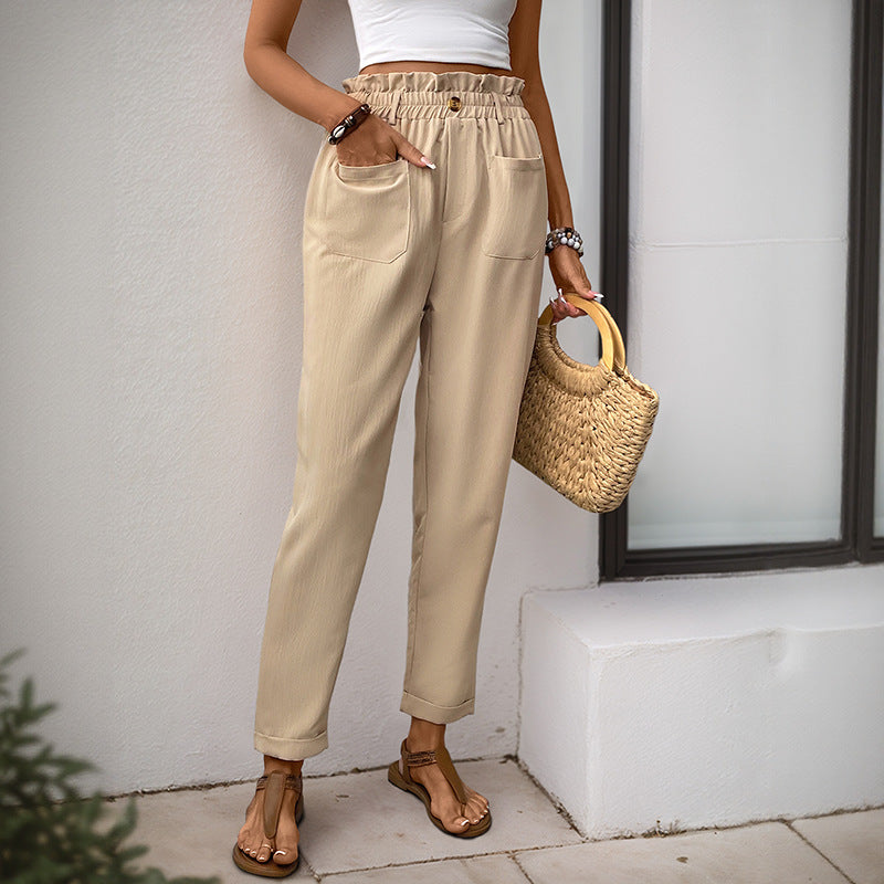 Women's High-Waisted Paperbag Pants with Elastic Waistband, Patch Pockets & Tapered Leg Mune Fashion