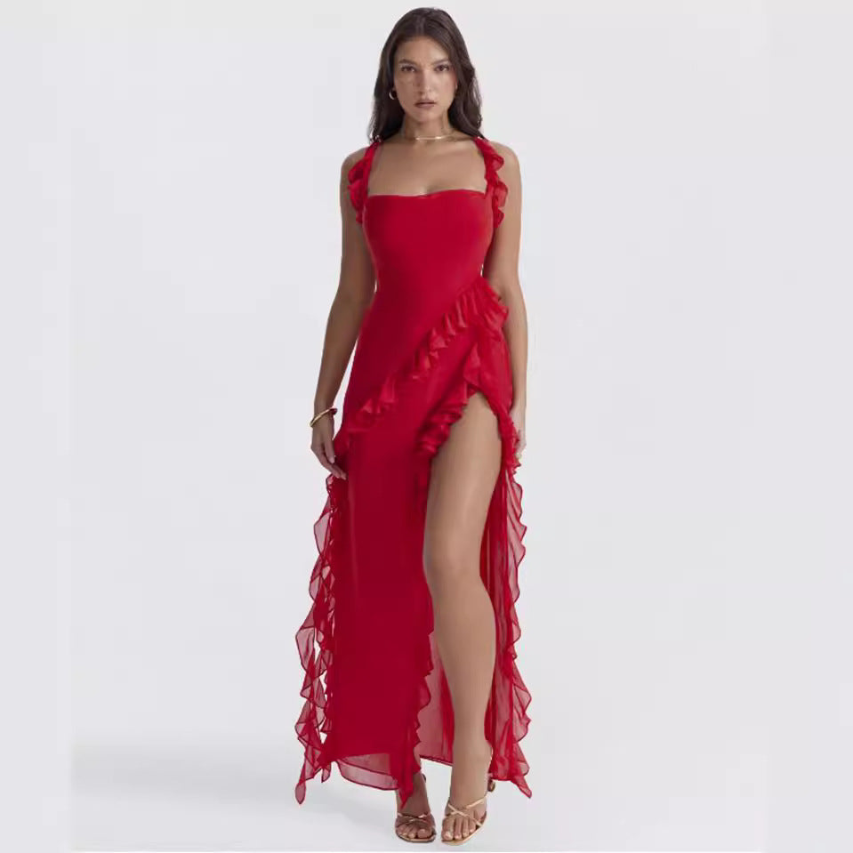 Women long evening dress with square neckline, shoulder ruffle straps, and high leg slits Mune Fashion