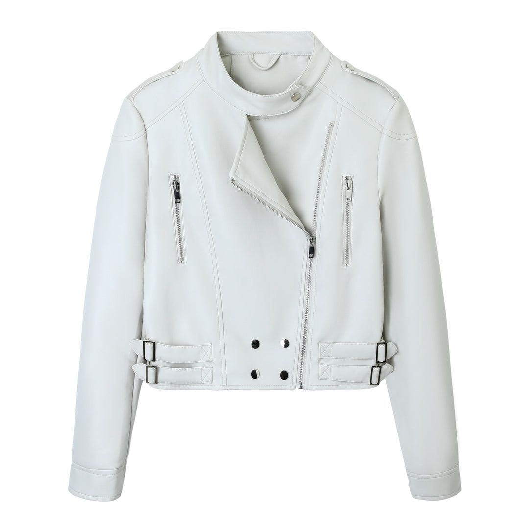 Women Cropped Biker Jacket made of Faux Leather with Stand-up Collar, Decorative Seams and Double Buckles Mune Fashion