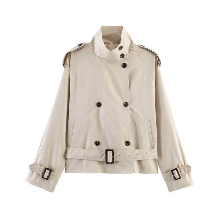 Women's cropped trench coat with standing collar double button placket and waist belt Mune Fashion