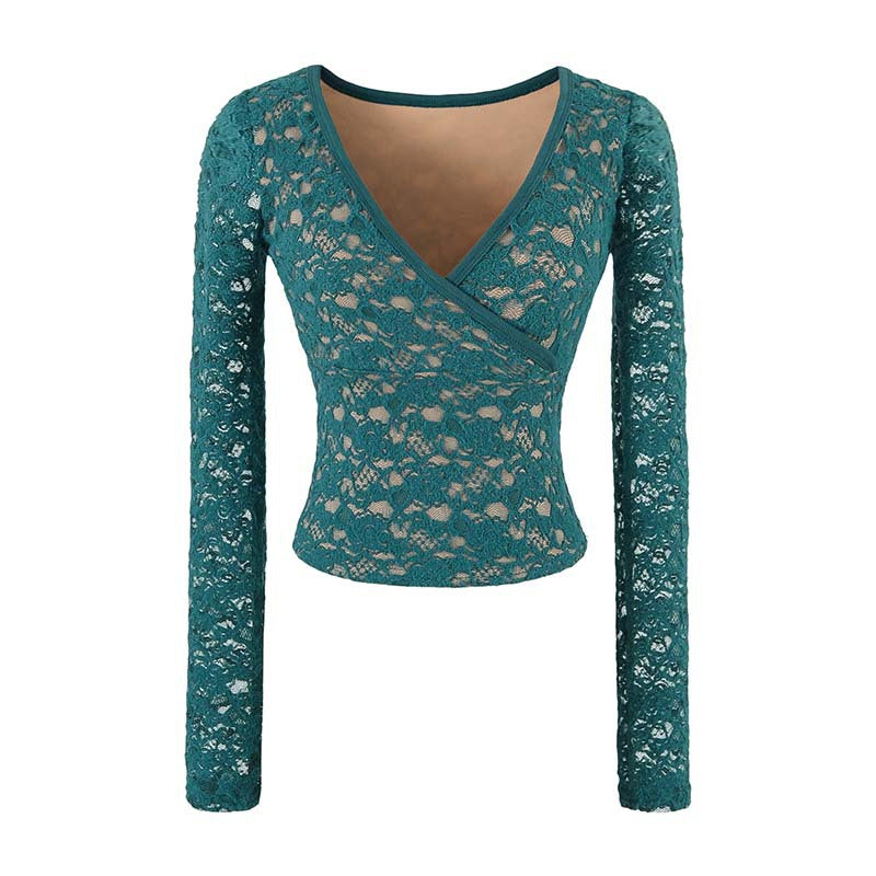 Women's Figure-hugging Lace Top with Wrap V-neck and Long Sleeves Mune Fashion