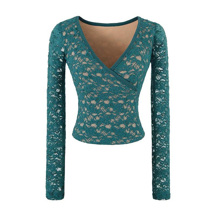 Women's Figure-hugging Lace Top with Wrap V-neck and Long Sleeves Mune Fashion