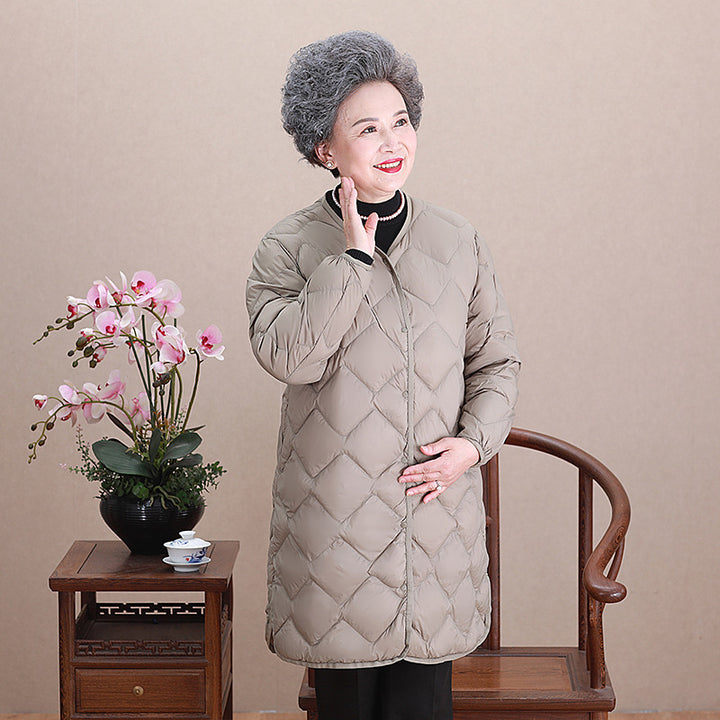 Women’s collarless long quilted thermal coat with diamond quilting Mune Fashion