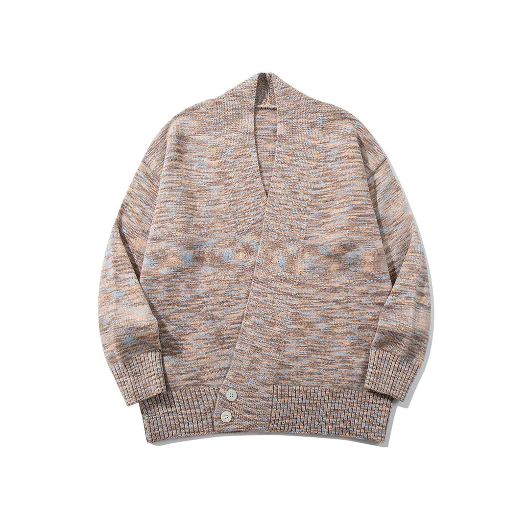 Women Oversize Knit Cardigan with Deep V-Neck, Button Placket at Hem and Melange Structure Mune Fashion