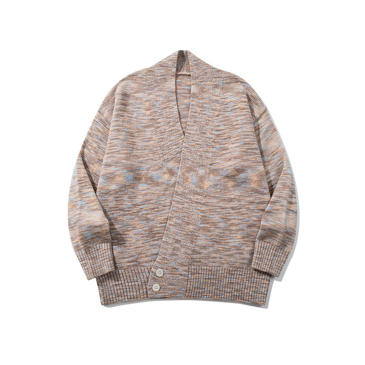 Women Oversize Knit Cardigan with Deep V-Neck, Button Placket at Hem and Melange Structure Mune Fashion