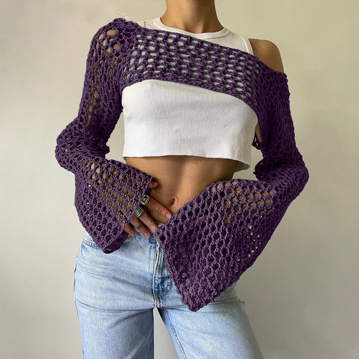Women's Crocheted Long Sleeve Top with Off-Shoulder Design Mune Fashion