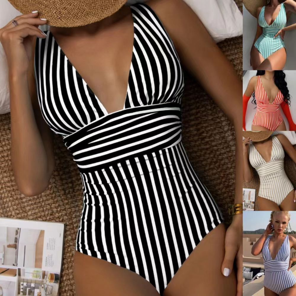 Women's swimsuit with deep V-neck and striped pattern Mune Fashion