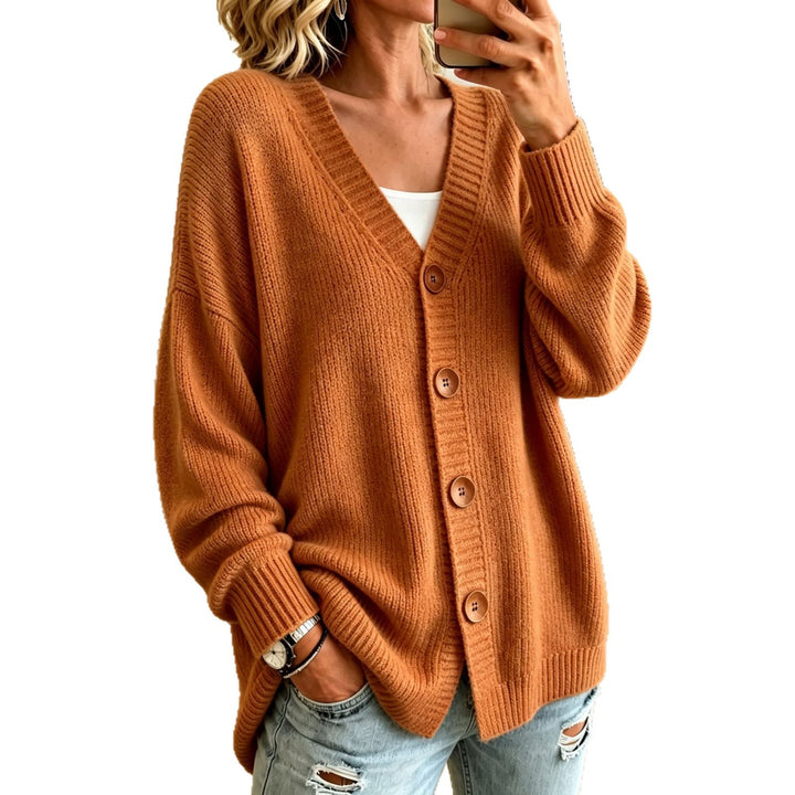 Women's Loose Longline Cardigan with Deep V-Neck and Wooden Buttons Mune Fashion