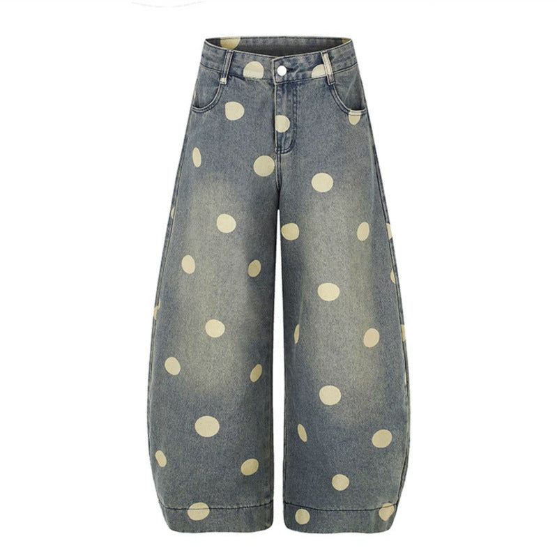 Women's Wide Jeans Culottes in Palazzo Style with High Waist and Polka Dot Pattern Mune Fashion