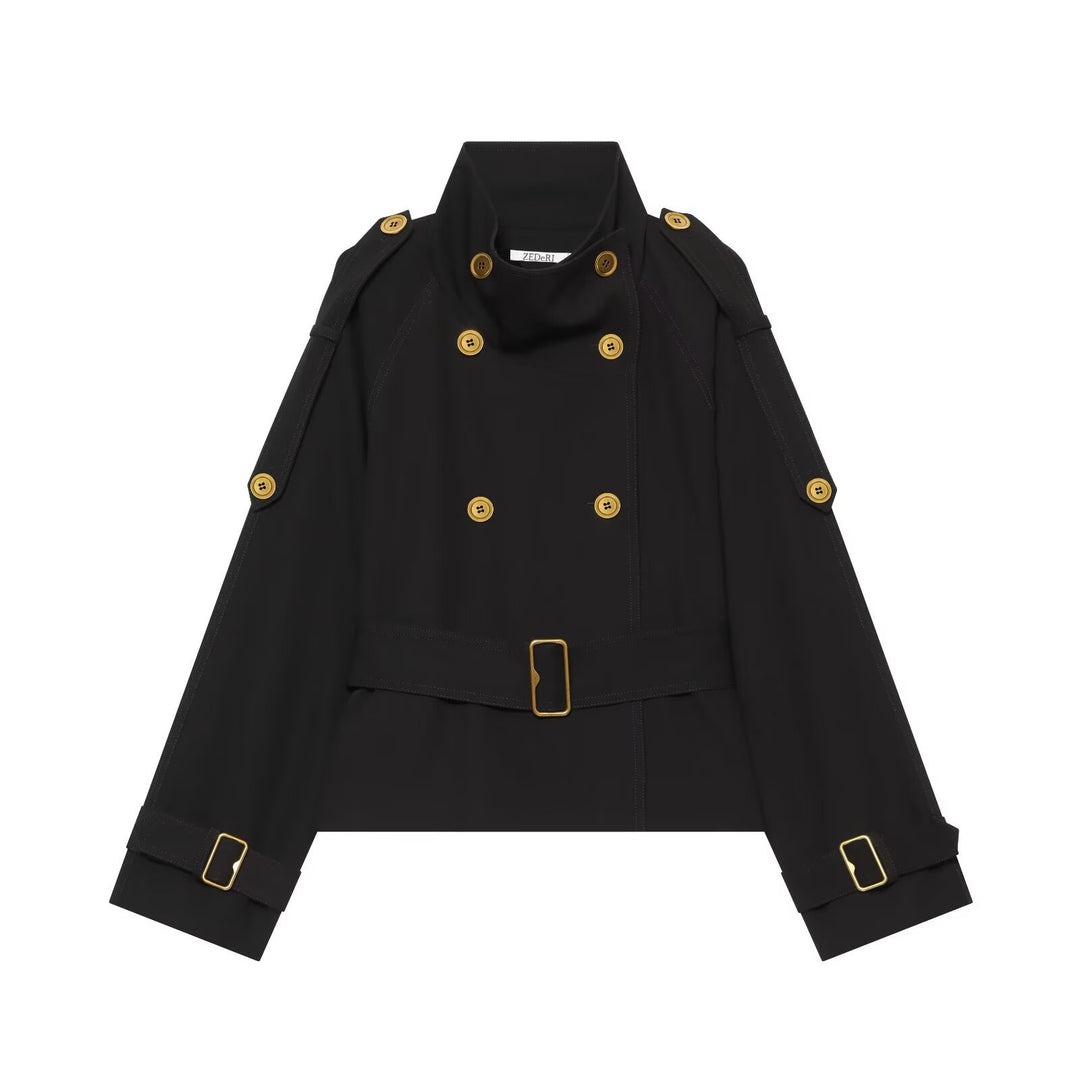 Women Short Trench Coat with Double-Breasted Button Placket and Waist Belt Mune Fashion