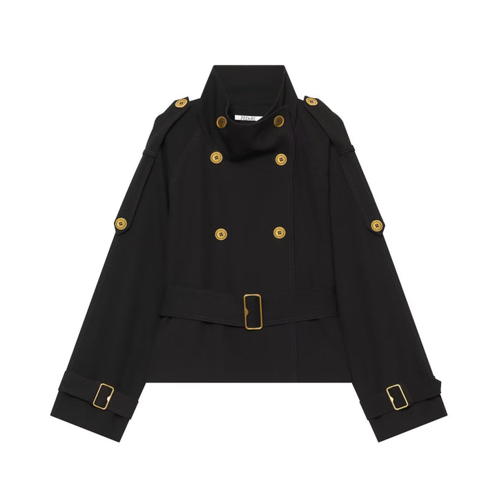 Women Short Trench Coat with Double-Breasted Button Placket and Waist Belt Mune Fashion