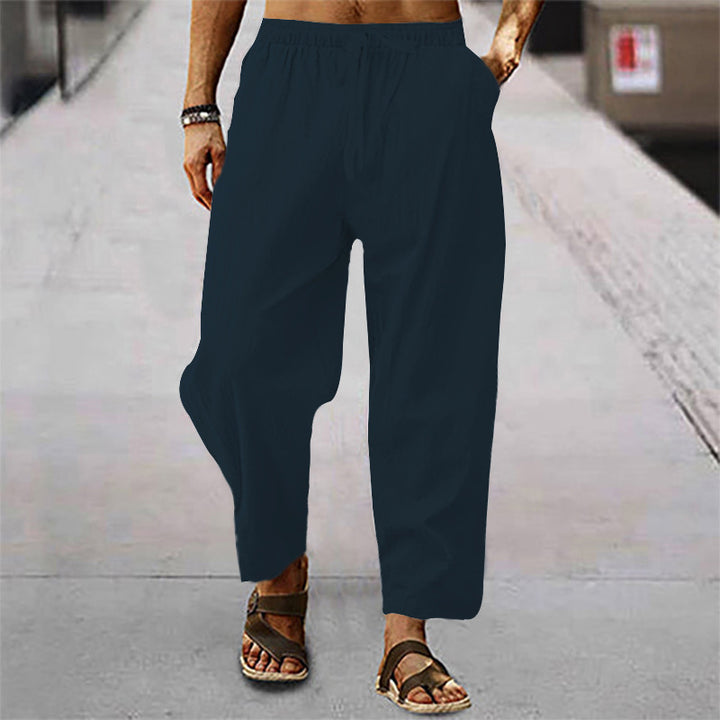 Men's Loose Linen Look Casual Pants with Elastic Waistband, Drawstring and Cropped Leg Mune Fashion