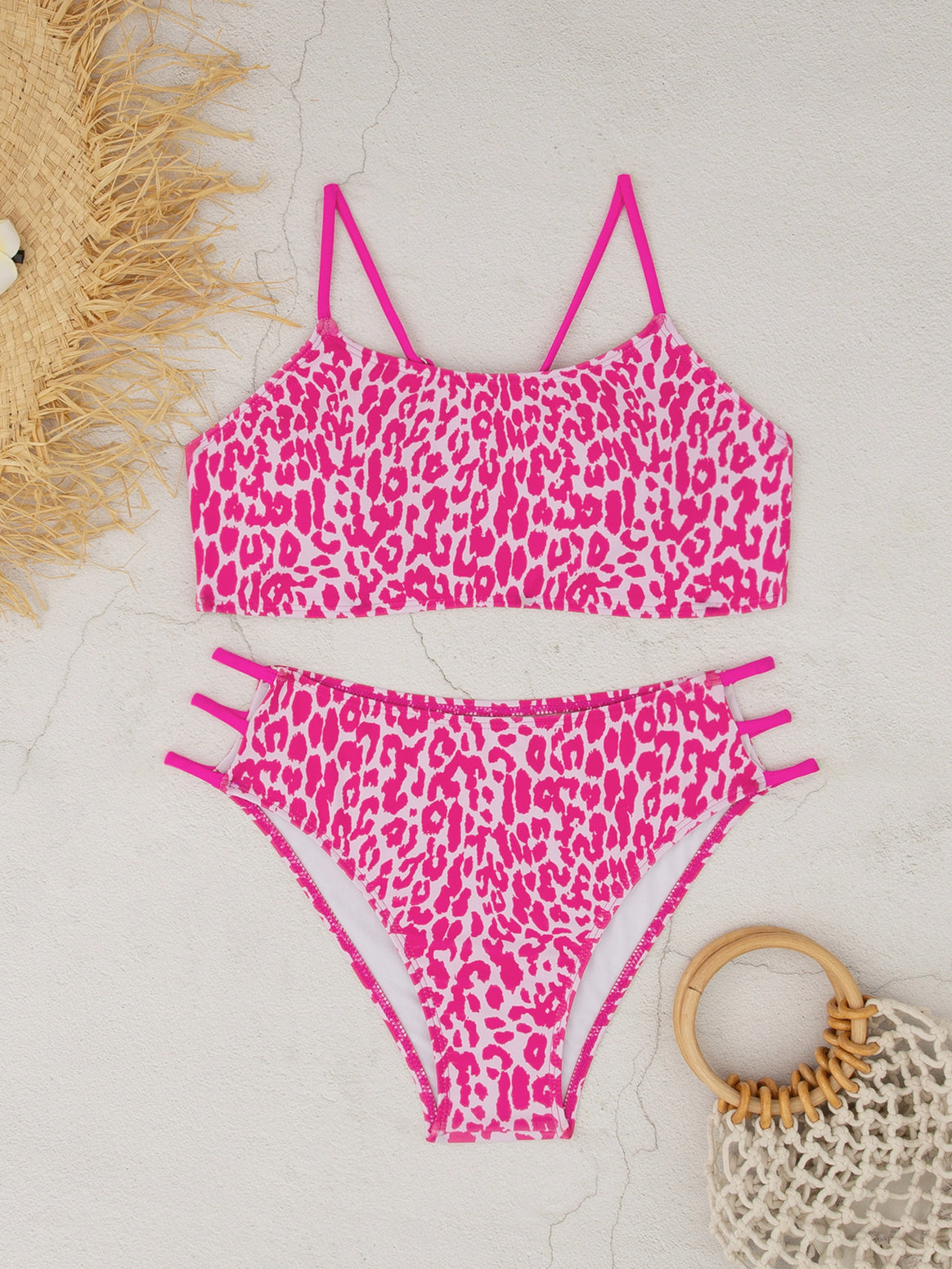 Women's bikini set with innovative strap details and fashionable leopard pattern Mune Fashion