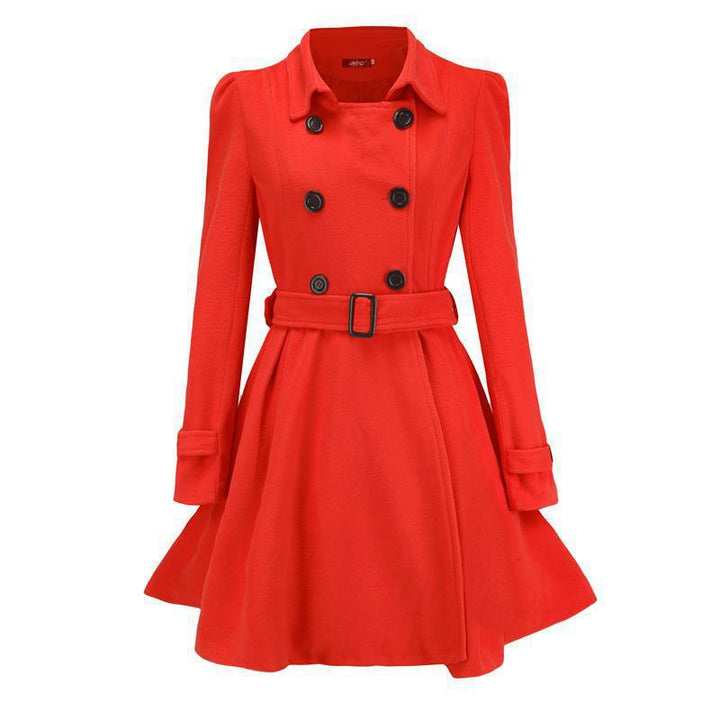 Women's tailored double-breasted coat with flared skirt, tailored belt, and structured shoulders Mune Fashion