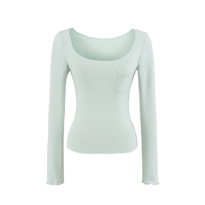Women's fitted ribbed long-sleeve shirt with wide square neckline and chest pocket Mune Fashion