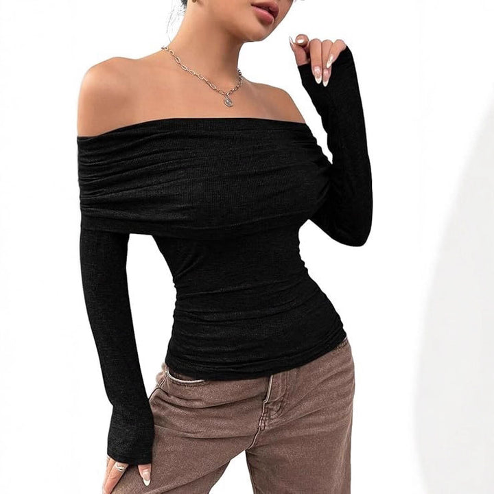 Women's Off-Shoulder Ribbed Long Sleeve with Wide Folded Collar and Fitted Silhouette Mune Fashion