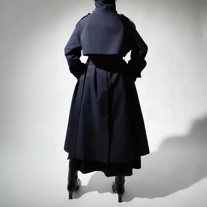 Women's Maxi Length Trench Coat with Concealed Button Placket, High Standing Collar and Waist Belt Mune Fashion