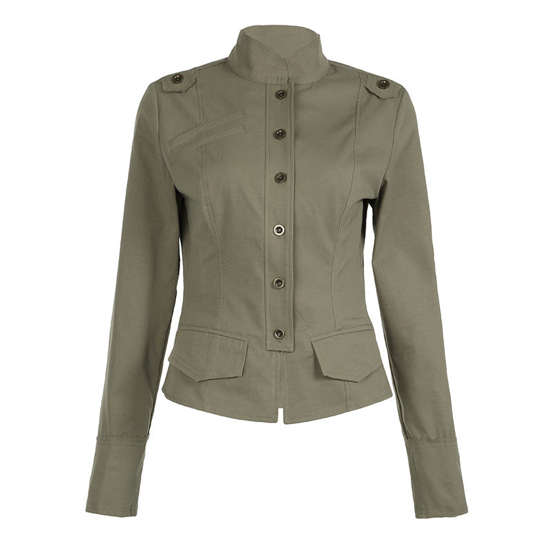 Women's tailored utility military jacket with stand-up collar, shoulder epaulettes, and applied flap pockets Mune Fashion