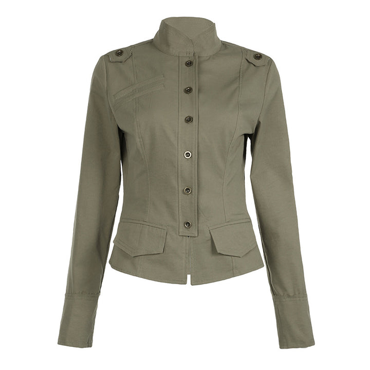 Women's tailored utility military jacket with stand-up collar, shoulder epaulettes, and applied flap pockets Mune Fashion