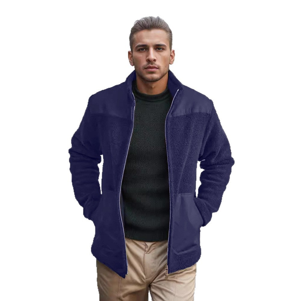 Men's fleece jacket with stand-up collar, two-material panel and zipper Mune Fashion