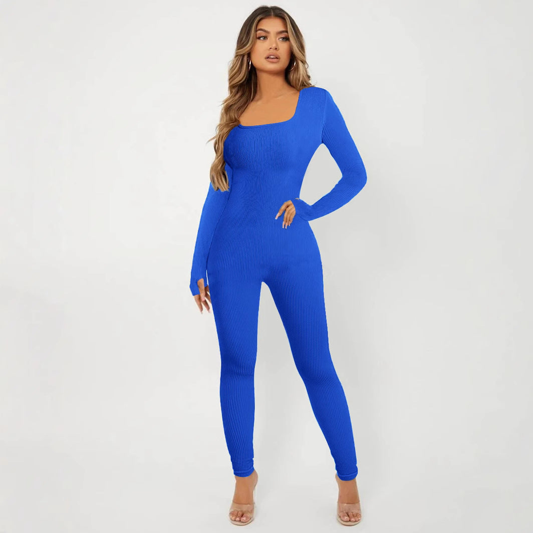 Women's Ribbed Skinny Jumpsuit with Square Neckline, Long Sleeves and Thumbhole Mune Fashion