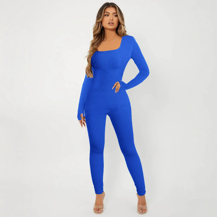 Women's Ribbed Skinny Jumpsuit with Square Neckline, Long Sleeves and Thumbhole Mune Fashion