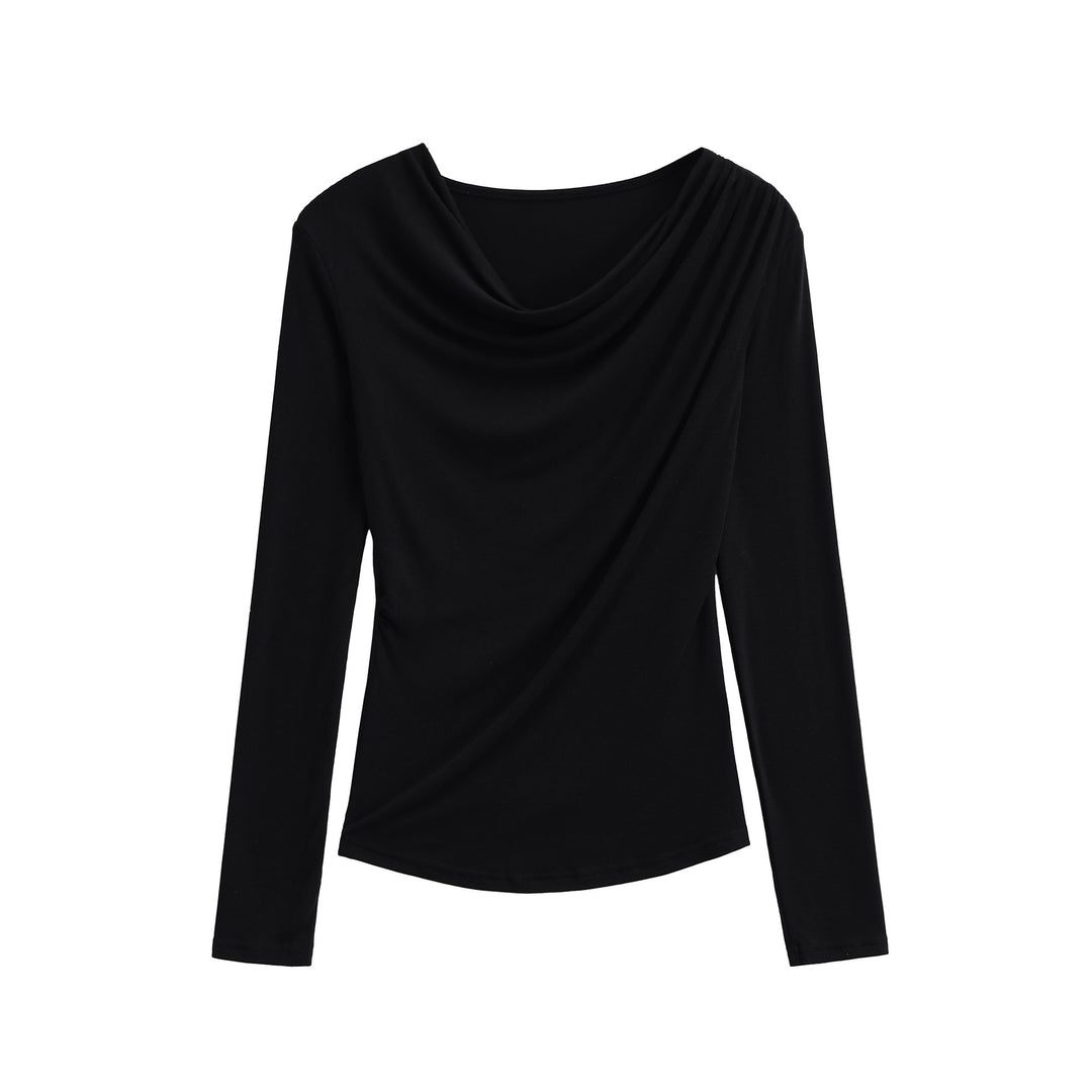 Women's Waterfall Collar Long Sleeve Shirt with Draping and Tailored Wrap Look Mune Fashion