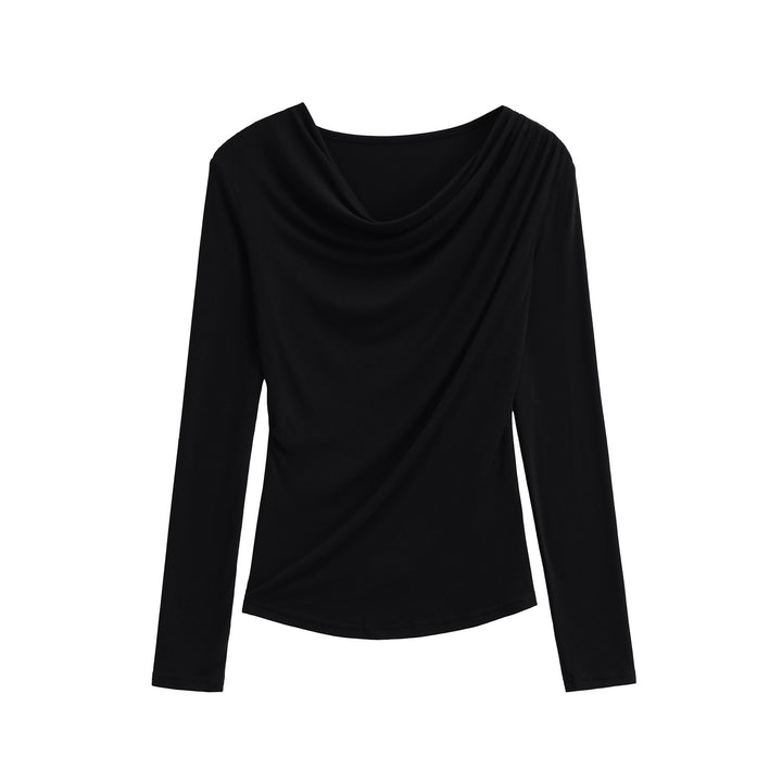 Women's Waterfall Collar Long Sleeve Shirt with Draping and Tailored Wrap Look Mune Fashion