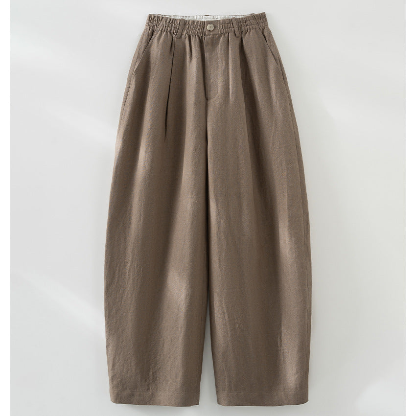 Women's Wide Linen Look Trousers with High Elastic Waistband, Pleats and Straight Leg Mune Fashion