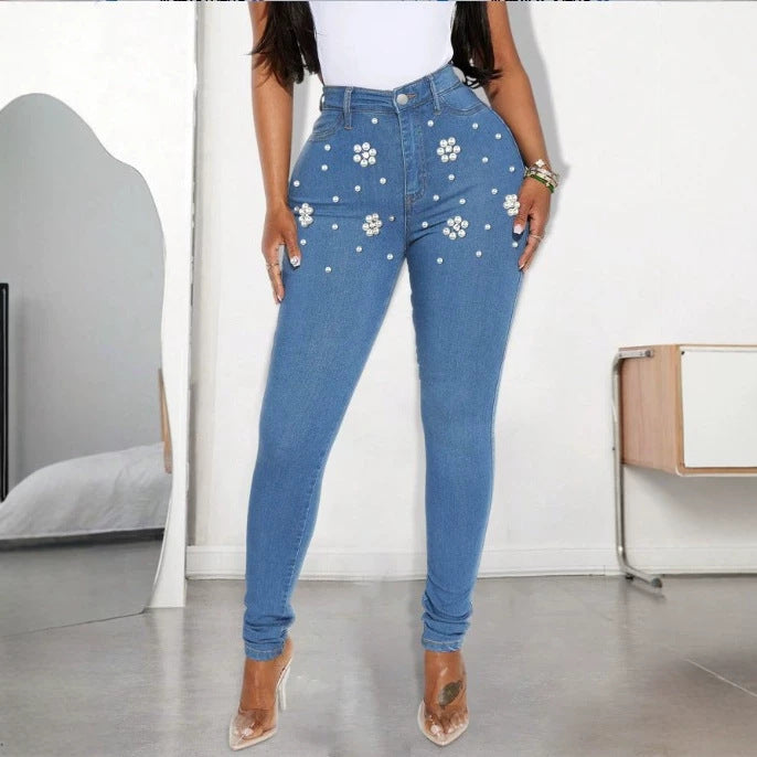 Women's High-Waisted Shaping Skinny Jeans with Pearl Blossom Application Mune Fashion