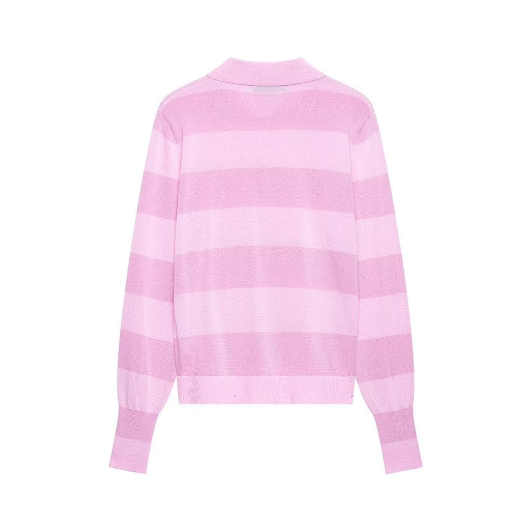 Women Striped Fine Knit Cardigan with Polo Collar and Covered Buttons Mune Fashion
