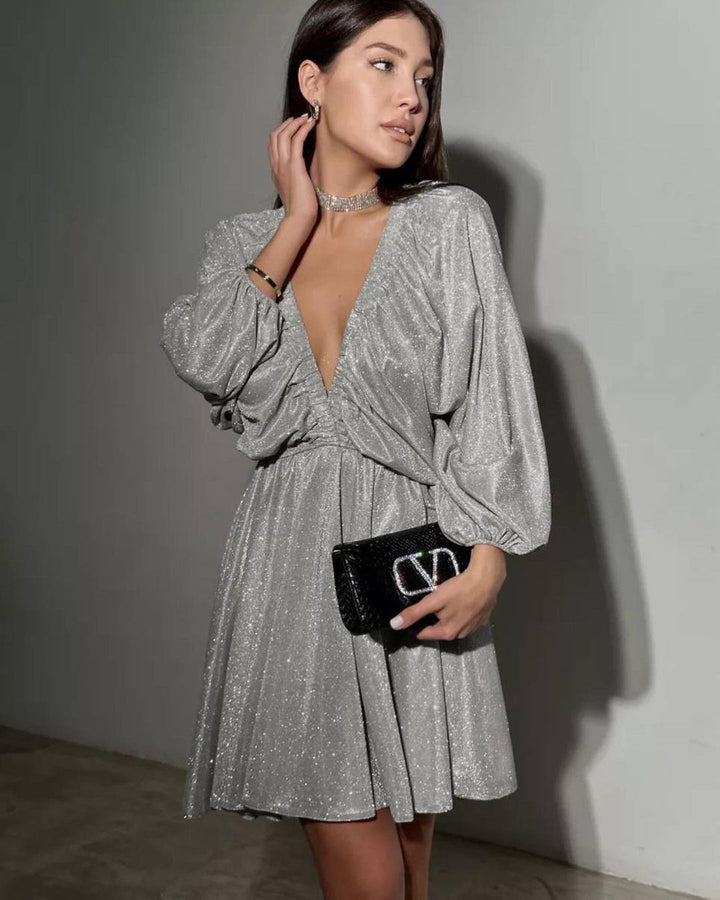 Women's Glittering Evening Dress with Deep V Neckline, Balloon Sleeves and Waist-Defining Bell Skirt Mune Fashion