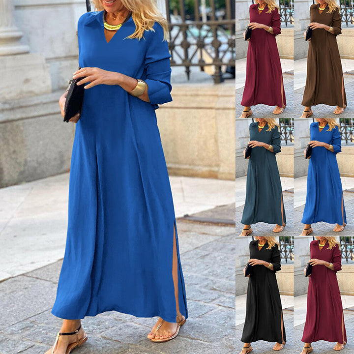 Women Long Maxi Dress with V-Neck, Side Slits and Casual A-Line Silhouette Mune Fashion