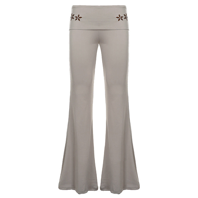 Women's Flared Yoga Pants with Folded Waistband, Comfortable Bootcut Fit and Laser-Cut Flower Detail Mune Fashion